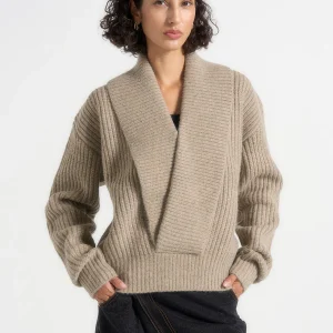 Azra - Plunge Knit Jumper - Taupe
