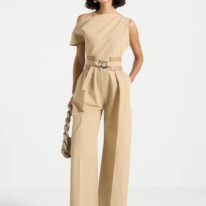 Valerie - Tailored Off Shoulder Jumpsuit with Belt - Beige