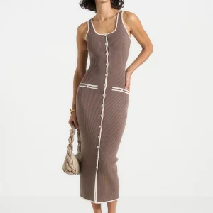 Daphne - Rib Knit Contrast Midaxi Dress - Brown/Cream