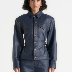 Karla - Wax Effect Cinch Waist Jacket - Indigo