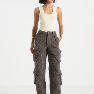 Anne - High Waisted Boucle Denim Cargo Pants - Brown