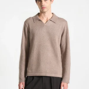 Wool Revere Long Sleeve Polo Top - Taupe