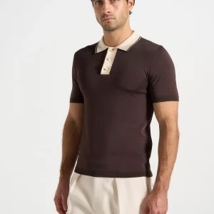 Roux - Contrast Detail Luxe Knit Polo Shirt - Brown