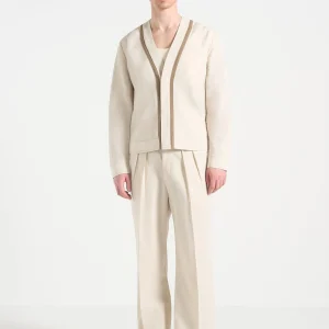 Alain - Linen Cardigan with Contrast Placket - Natural