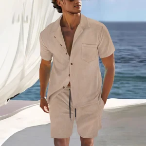 Ensemble Homme avec Chemise et Shorts – Coupe Décontractée – Col Cubain – Tissu Léger et Respirant