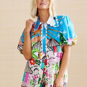 Cardigan Femme Ensemble Chemise – Coton Respirant – Coupe Décontractée – Col en Dentelle – Manches Bouffantes