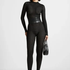 Chantal - Pointelle Knit Long Sleeve Jumpsuit with Belt - Black