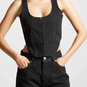 Rhinestone Denim Corset - Black