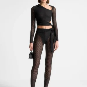 Ribbed Sheer Leggings with Tie - Black