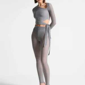 Ribbed Sheer Leggings with Tie - Grey