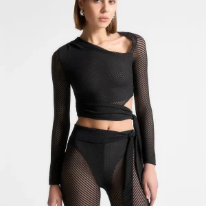 Ribbed Sheer Top with Tie - Black