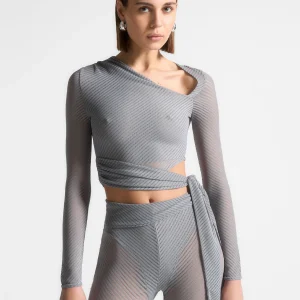 Ribbed Sheer Top with Tie - Grey