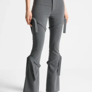Strap Detail Pinstripe Fit and Flare Leggings - Grey