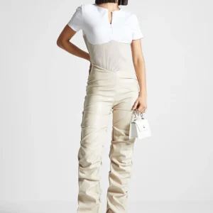 Tacked Leather T-Shirt Jumpsuit - Beige