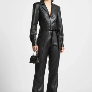 Leather Fit and Flare Belted Jumpsuit - Black
