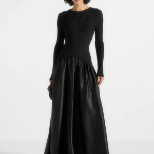 Adeline - Knit & Satin Curved Hem Maxi Dress - Black