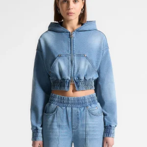 Washed Denim Jersey Hoodie - Mid Blue