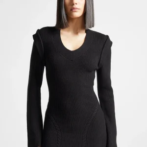 Wide Shoulder Knitted Contour Mini Dress - Black