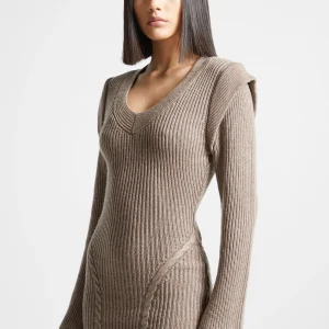 Wide Shoulder Knitted Contour Mini Dress - Taupe