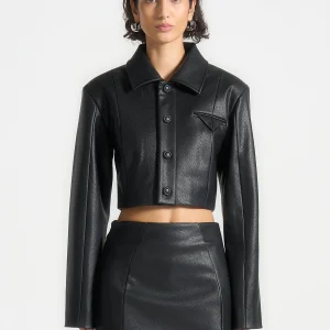 Ania - Wide Shoulder Pebbled Leather Jacket - Black