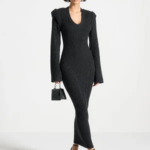 Wide Shoulder Knitted Midaxi Dress - Black