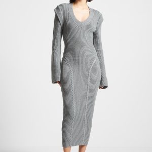 Wide Shoulder Knitted Midaxi Dress - Grey