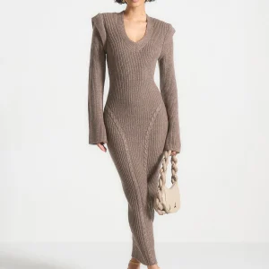 Wide Shoulder Knitted Midaxi Dress - Taupe