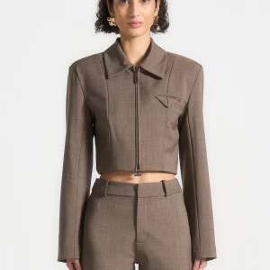 Wide Shoulder Tailored Jacket - Dark Taupe