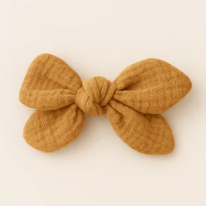 Barrette nœud gaze de coton camel pour cheveux accessoire vêtement enfant
