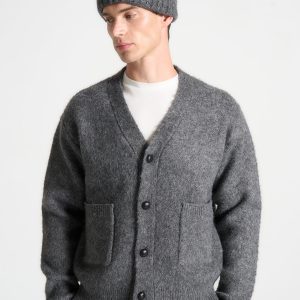 Brushed Wool Knit Cardigan - Grey
