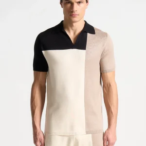 Colour Block Knit Revere Polo Top - Black/Beige