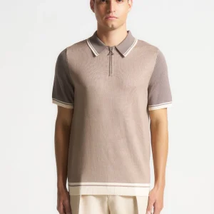 Colour Block Zip Polo Shirt - Taupe
