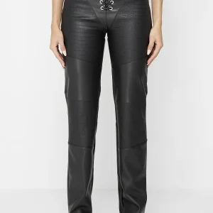 Croc Embossed Lace Up Trousers - Black