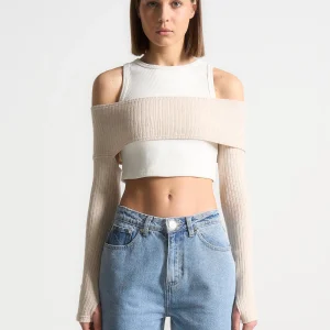 Crop Top with Knitted Overlay - White/Beige