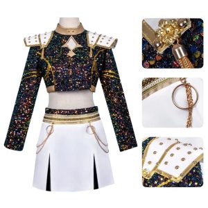 Costume Enfant Zoey KPOP Demon Hunter – Tenue Noire et Or Scintillante avec Jupe et Épaulettes Dorées