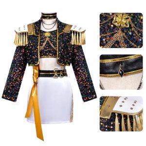 Costume Enfant Mira KPOP Demon Hunter – Tenue Dorée et Noire Scintillante avec Jupe et Épaulettes