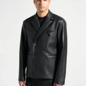 Didier - Double Breasted Leather Suit Jacket - Black