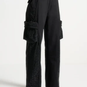 Rhinestone Contour Cargo Pants - Black
