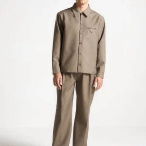 Leo - Hatched Tailored Long Sleeve Overshirt - Khaki