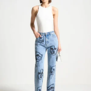 Audrey - Line Art Straight Leg Jeans - Mid Blue