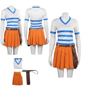 Cosplay Nami – Jupe orange et T-shirt rayé bleu et blanc