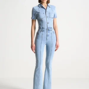 Violette - Mini Flared Denim Jumpsuit - Mid Blue