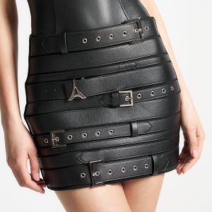 Multi Belt Leather Mini Skirt - Black