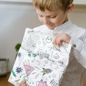 Pochette enfant en tissu à colorier superhéros lavable et réutilisable