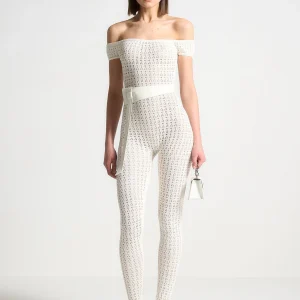 Martine - Pointelle Knit Bardot Jumpsuit with Belt - Cream
