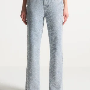 Alma - Rhinestone Eiffel Straight Leg Jeans - Mid Blue