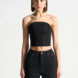Rhinestone Eiffel Denim Bandeau Corset Top - Black