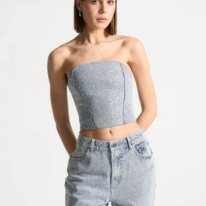 Rhinestone Eiffel Denim Bandeau Corset Top - Mid Blue