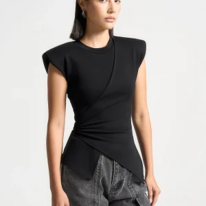 Wide Shoulder Ruched Waist Top - Black