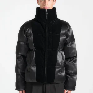 Alaric - Satin and Velvet Paneled Puffer Jacket - Black